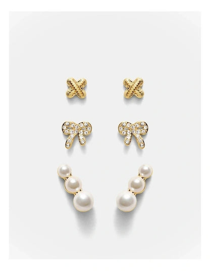 MIMCO Bow Stud Earrings Set Gold Pearl Climber Logo Studs 3 Pack RRP $99.99