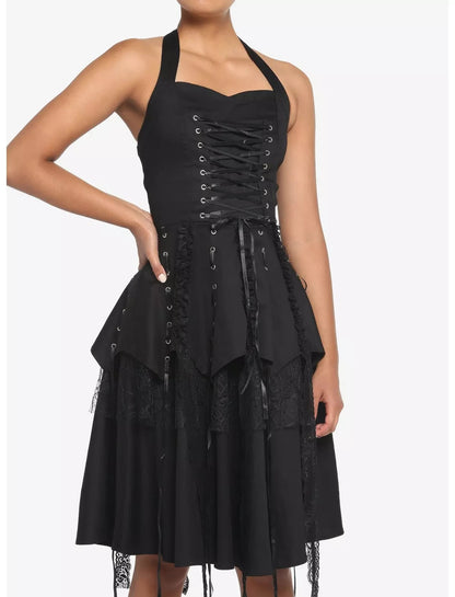 Hearts & Roses London Black Gothic Tiered Halter Dress 14 As New