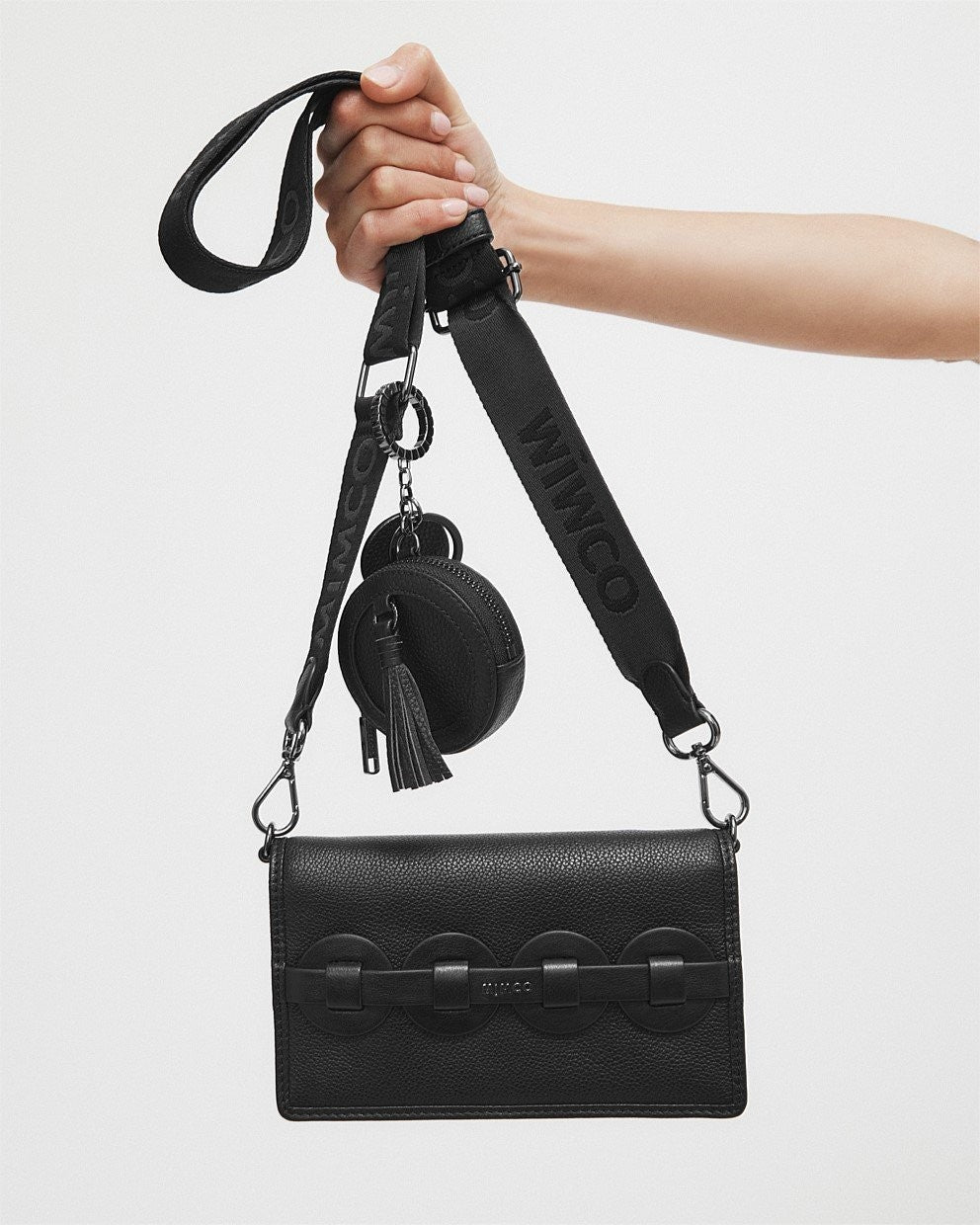MIMCO Stripe Webbing Shoulder Bag Strap HANDBAG BAG CLUTCH POUCH Black ⭐RRP $60⭐