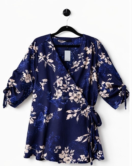 City Chic Floral Wrap Top Blue Peplum Tie Waist Plus Size 18 BNWT