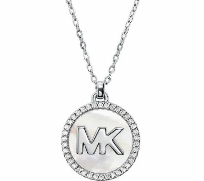 Michael Kors MK Pavé and Mother-of-Pearl Logo Pendant Necklace Gen New RRP $325