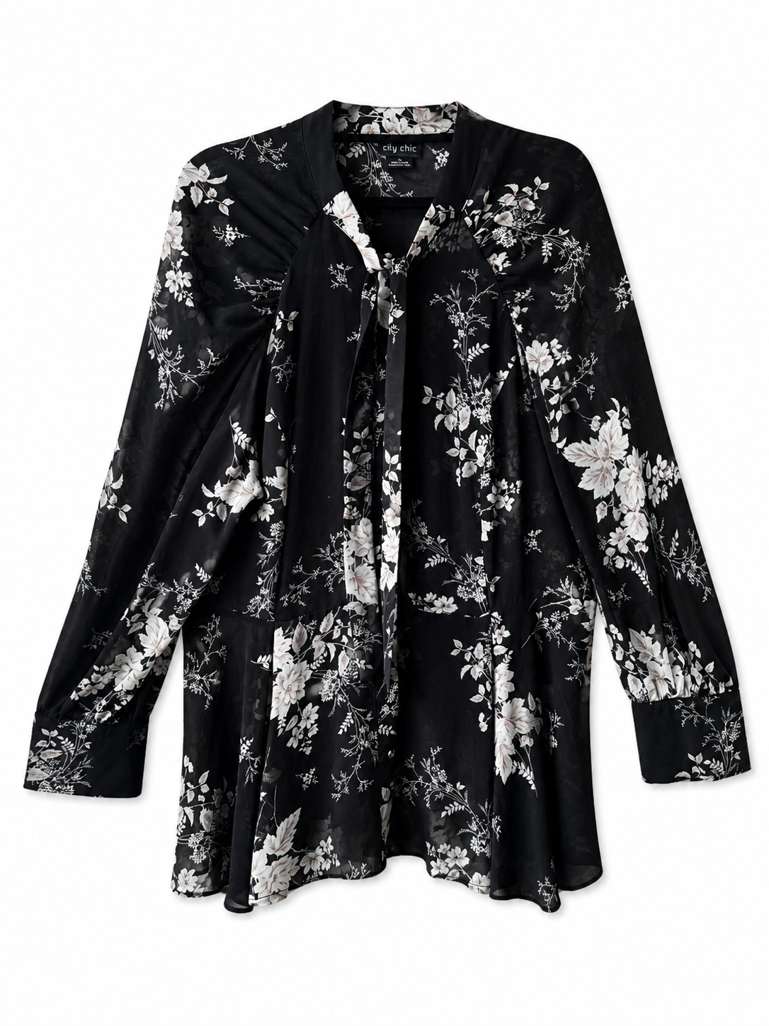 City Chic Black Floral Blouse Size S (16) Sheer Tie Neck Top Long Sleeve As New