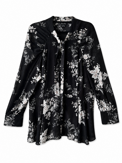 City Chic Black Floral Blouse Size S (16) Sheer Tie Neck Top Long Sleeve As New