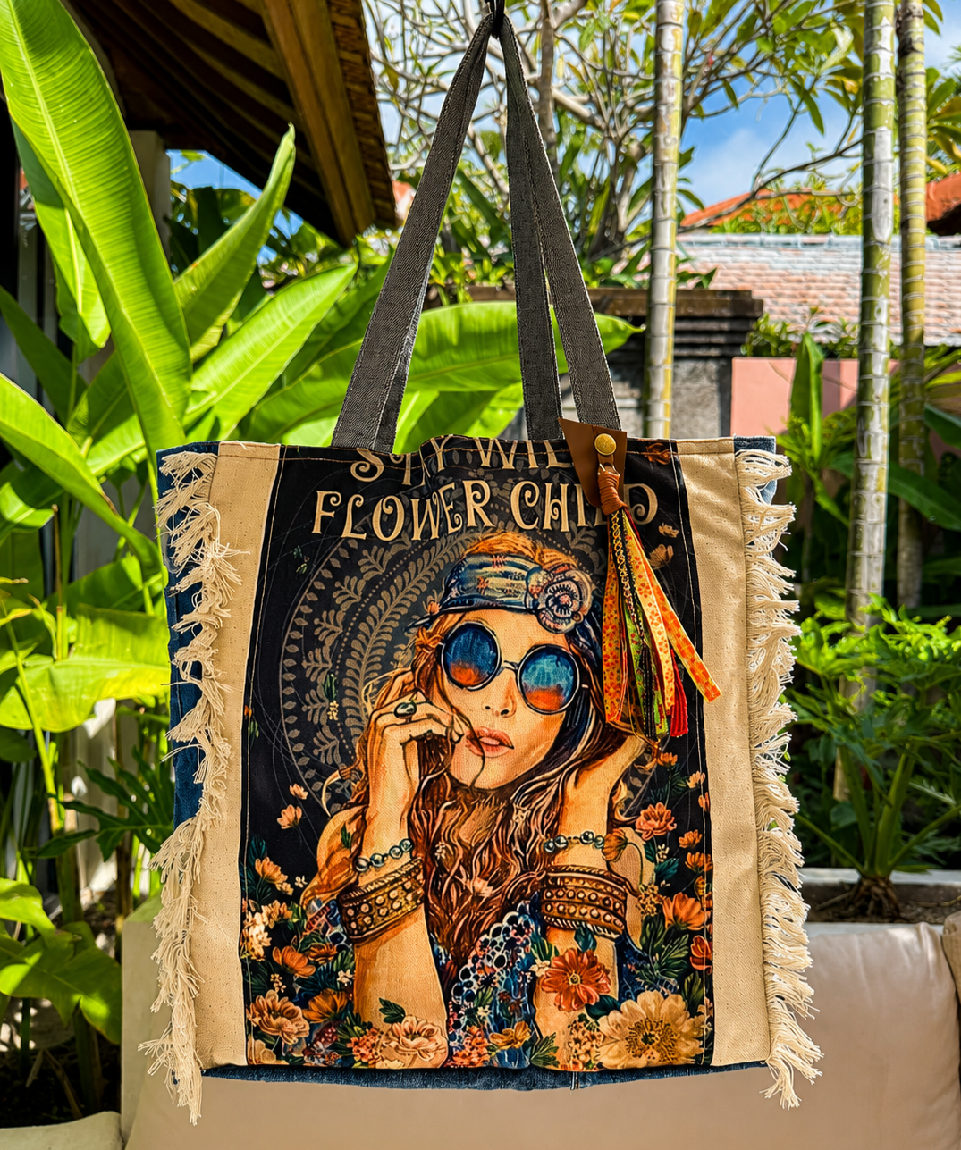 ⭐ Boho Retro “Flower Child” Upcycled Denim Tote Bag – Handmade Eco-Friendly -NEW