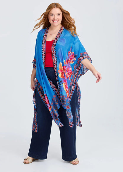 Taking Shape Stunning Flower Cape/Kimono Blue Floral RRP $59.99 One Size 16-24