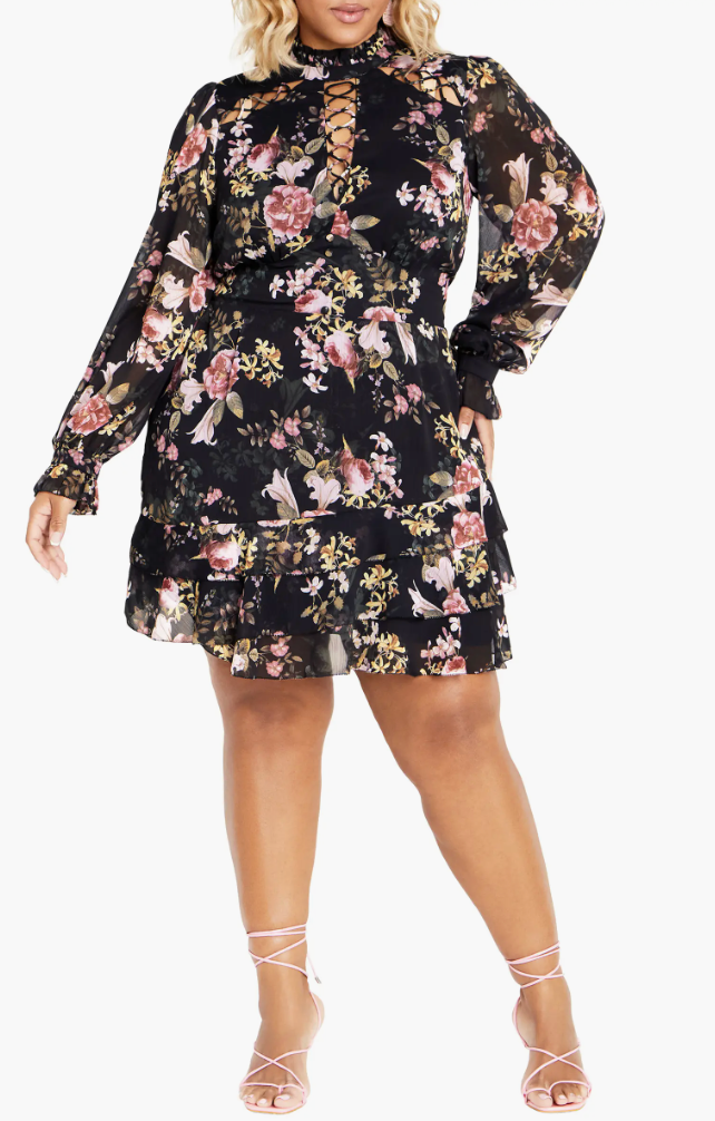 City Chic Maddison Dress XXL 24 Black Floral Lace-Up Neck Puff Sleeve Plus Size