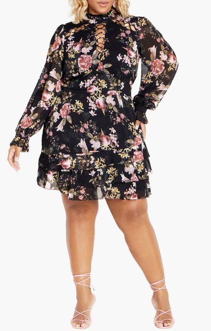 City Chic Maddison Dress XXL 24 Black Floral Lace-Up Neck Puff Sleeve Plus Size