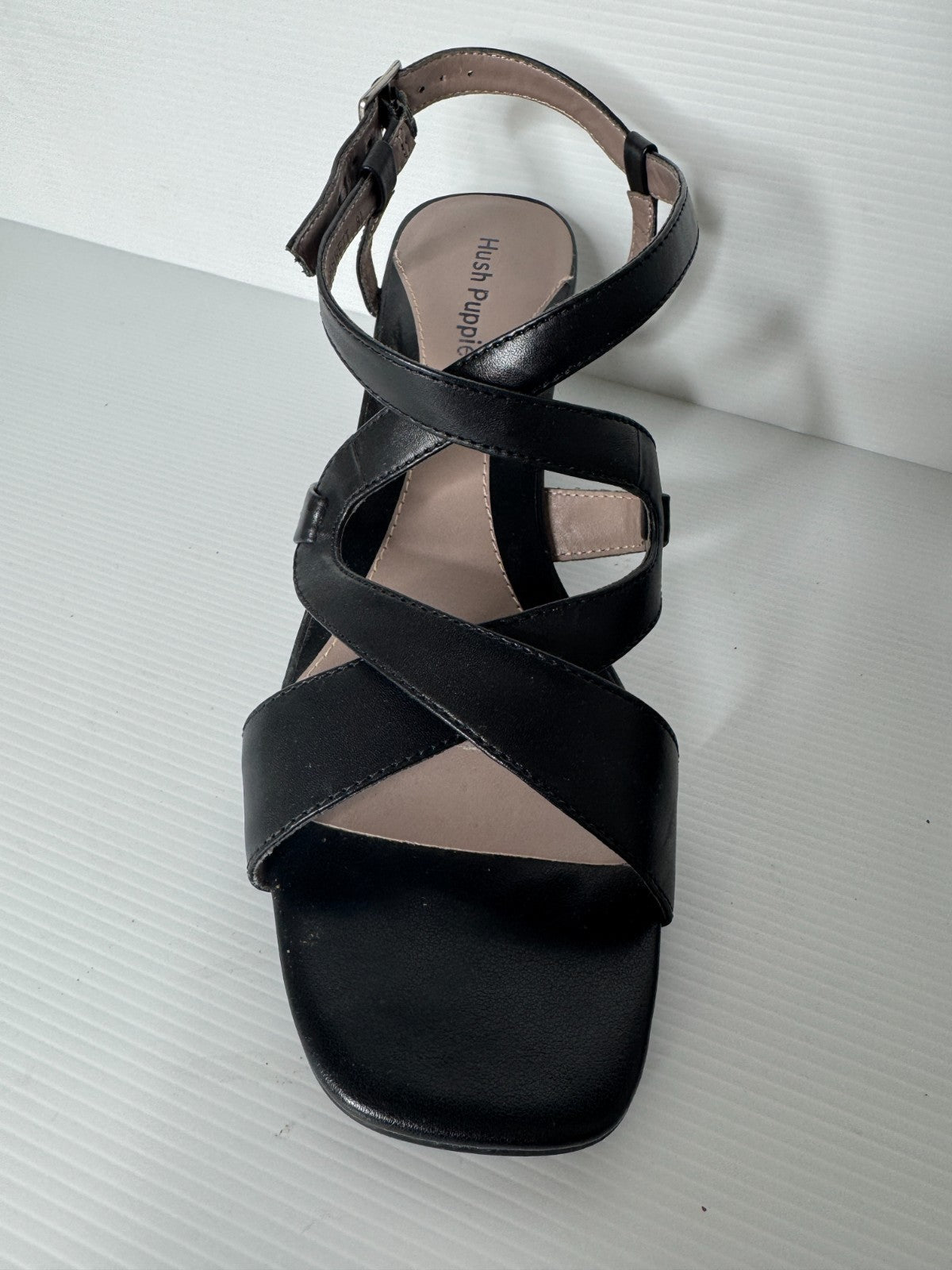 Hush Puppies Sandals Shoe Womens Size 8.5 C Black Leather Wedge Mid Heel Buckle