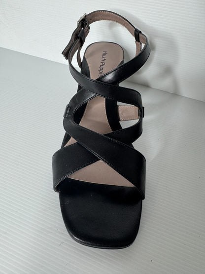 Hush Puppies Sandals Shoe Womens Size 8.5 C Black Leather Wedge Mid Heel Buckle