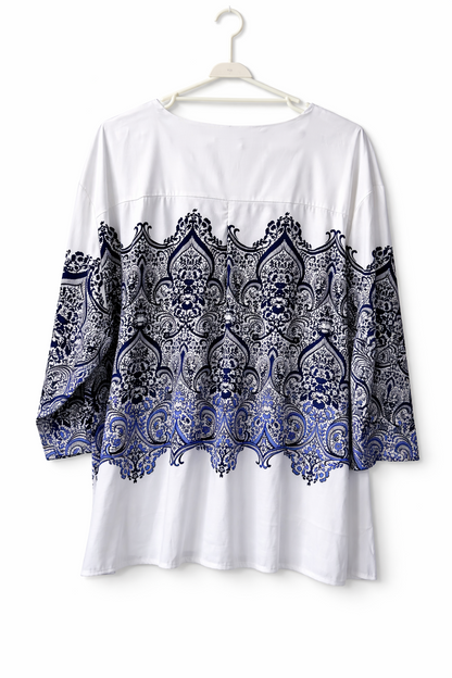 🌿 Emme Tunic Top Blouse White Blue Plus Size XL 22-24 Beaded V-Neck Lightweight
