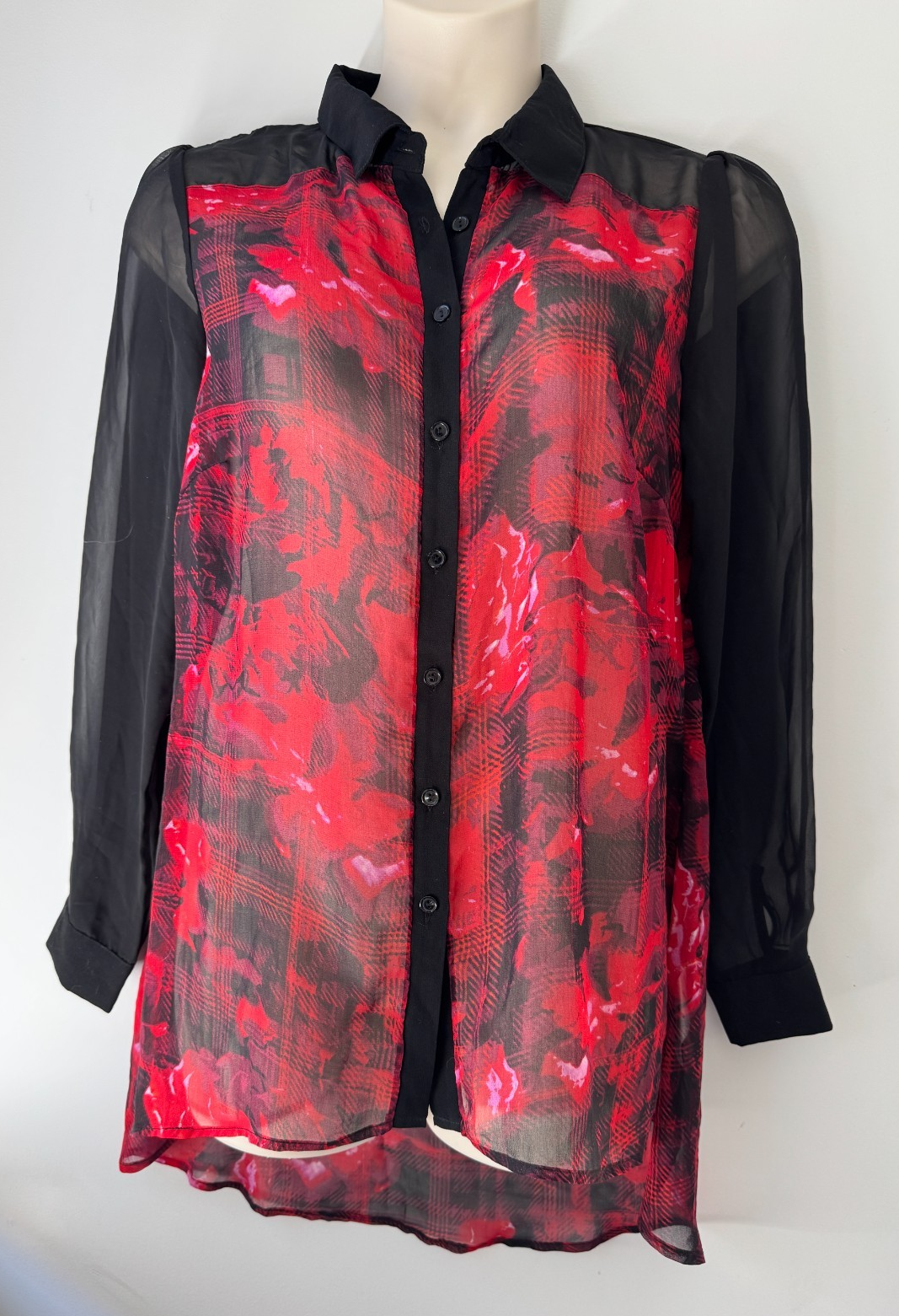 City Chic Red Black Sheer Button Shirt Longline 🖤 Plus Size 14 (XS) 🖤