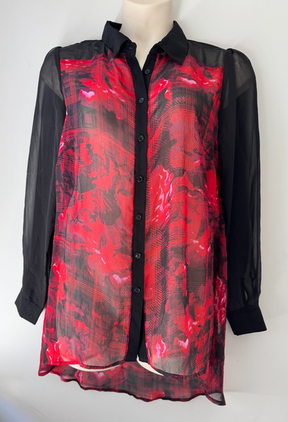 City Chic Red Black Sheer Button Shirt Longline 🖤 Plus Size 14 (XS) 🖤