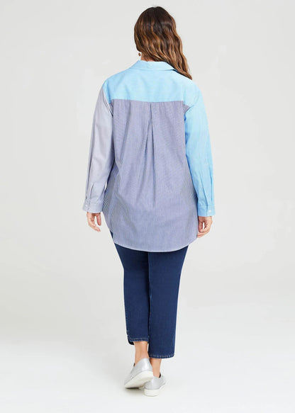 Taking Shape Cotton Stripe Boyfriend Shirt Plus Size 16 Blue Colour Block Button