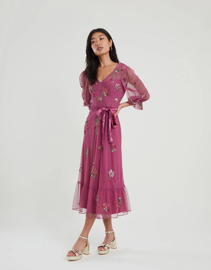 Monsoon London Sabrina Embellished Midi Dress Pink Beaded New with Tags RRP $270