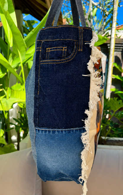 ⭐ Upcycled Denim Tote Bag “Exotic Soul” – Handmade Eco-Friendly -NEW