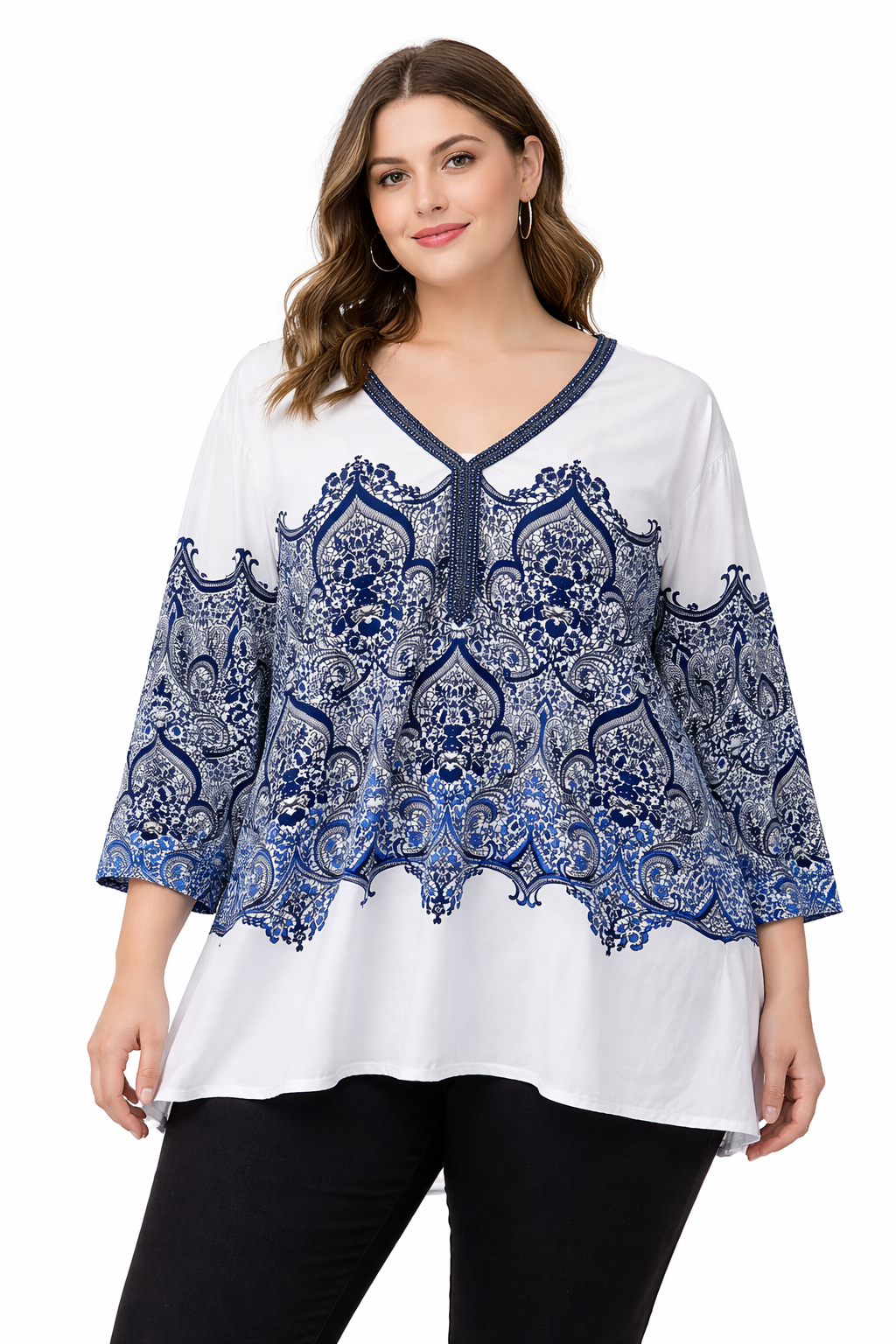 🌿 Emme Tunic Top Blouse White Blue Plus Size XL 22-24 Beaded V-Neck Lightweight