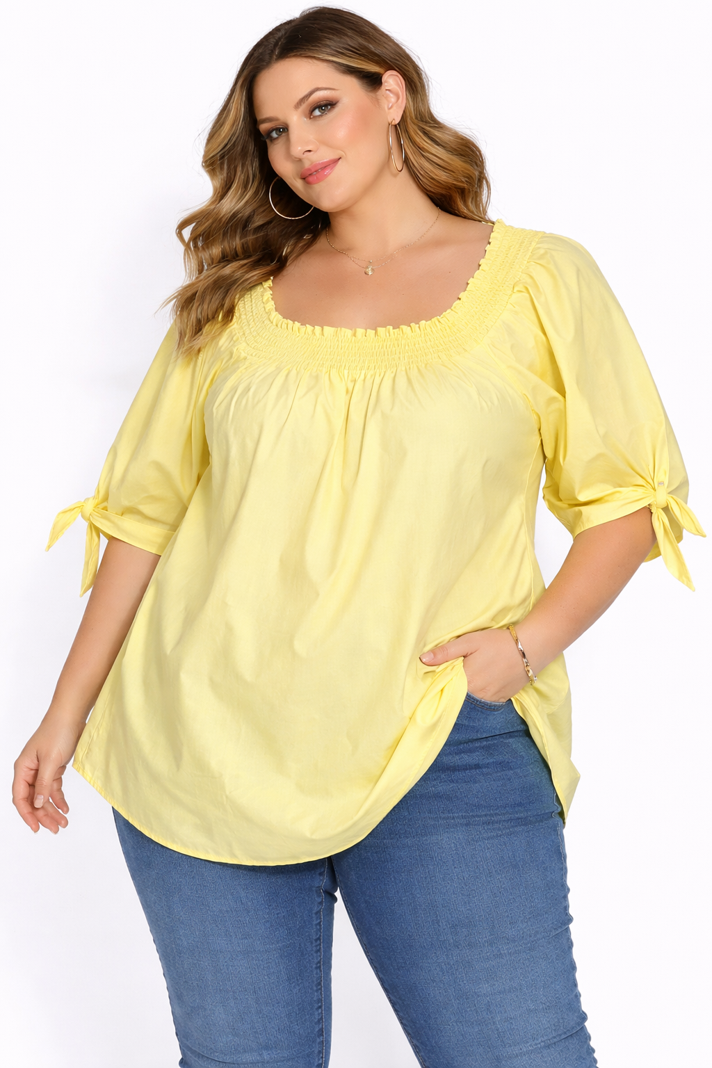 City Chic Plus  Yellow Off Shoulder Top Smocked Neck Cotton Blend Size M (18)