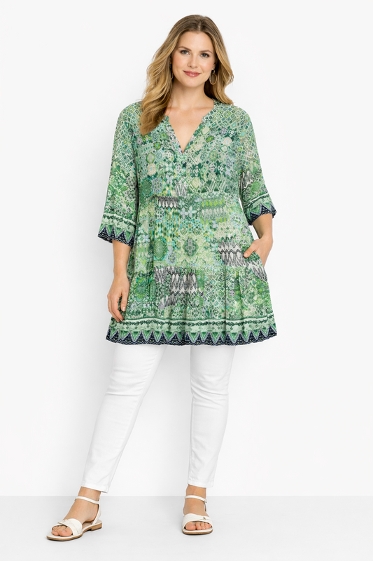 Taking Shape Sparkle Tile Tunic Dress Plus Size 12 Green Viscose Tiered Boho