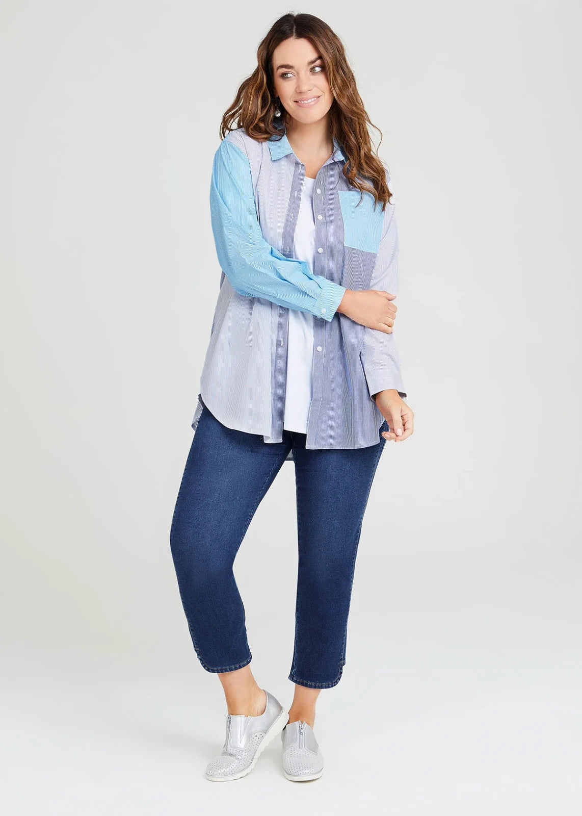 Taking Shape Cotton Stripe Boyfriend Shirt Plus Size 16 Blue Colour Block Button