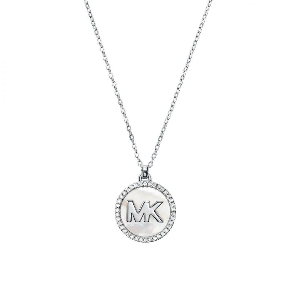 Michael Kors MK Pavé and Mother-of-Pearl Logo Pendant Necklace Gen New RRP $325