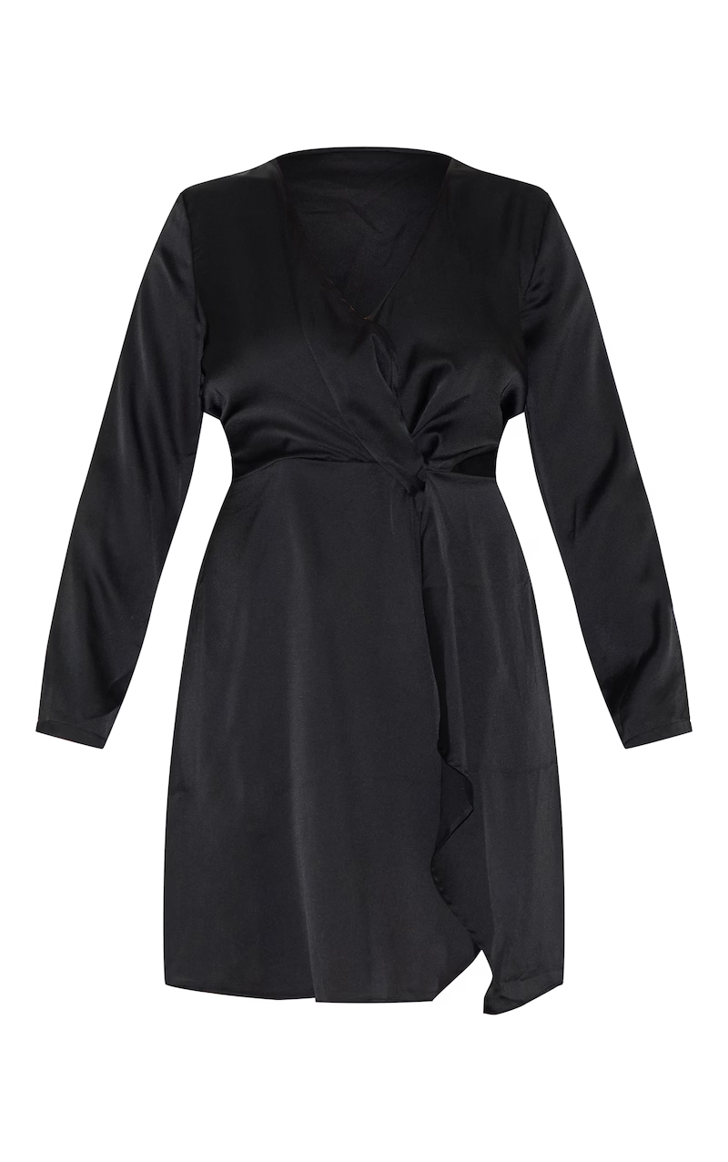 Pretty Little Thing Black Satin Long Sleeve Wrap Dress Plus Size 24 NEW RRP $100