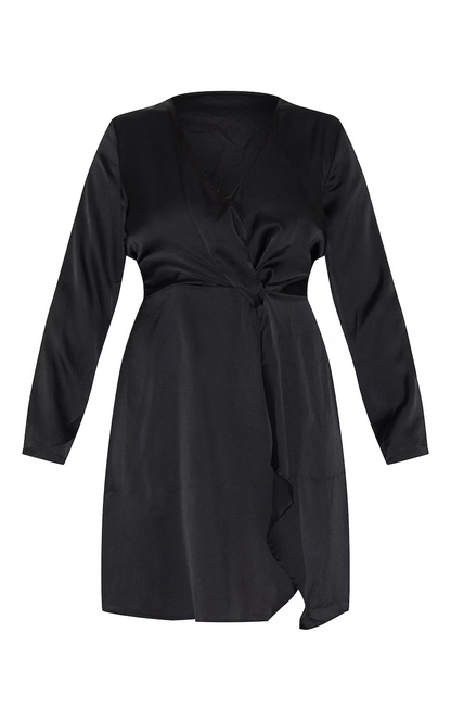 Pretty Little Thing Black Satin Long Sleeve Wrap Dress Plus Size 24 NEW RRP $100
