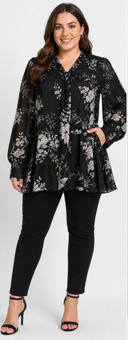City Chic Black Floral Blouse Size S (16) Sheer Tie Neck Top Long Sleeve As New