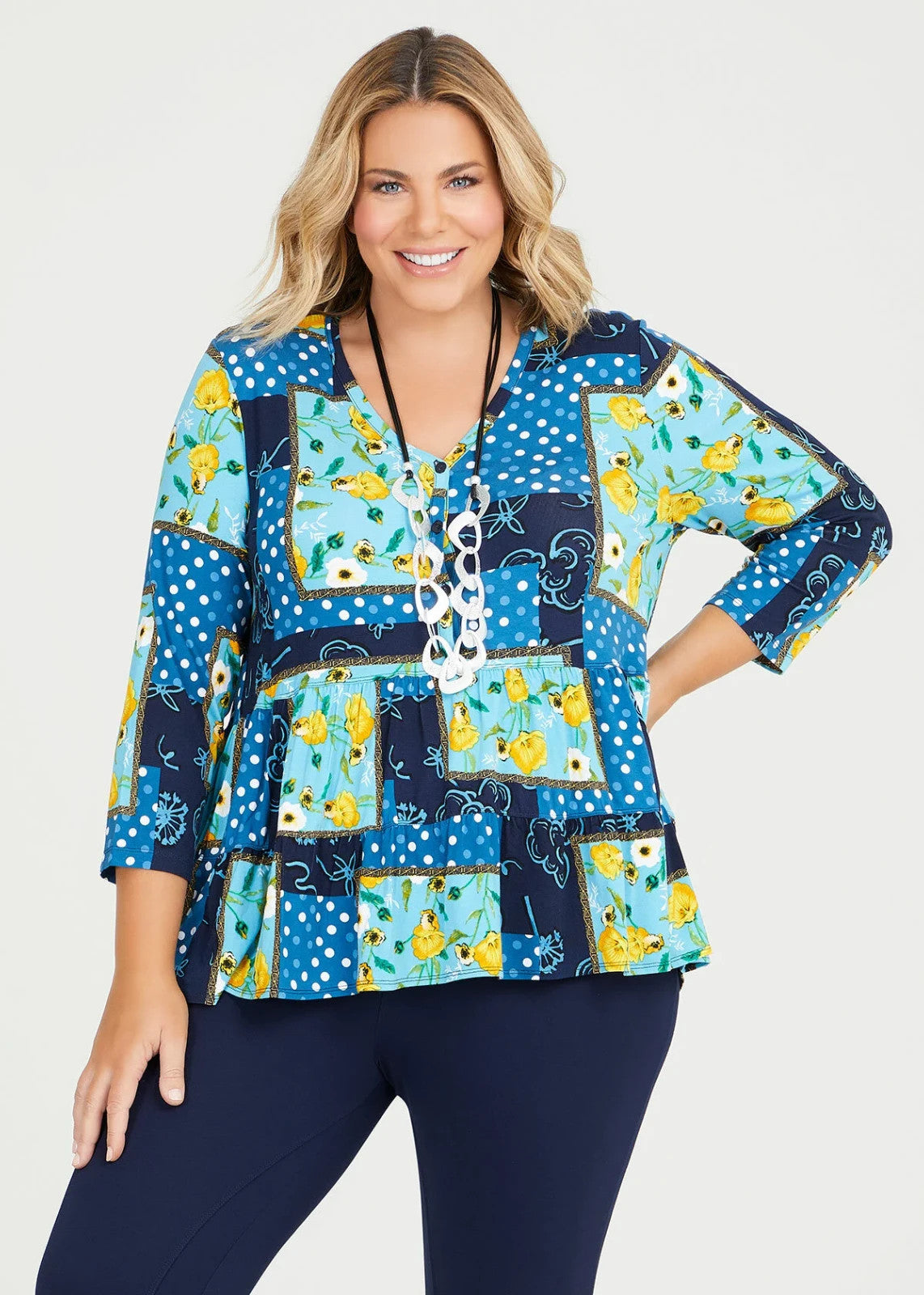Taking Shape Natural Mix Media Top Plus Size Women’s V Neck Tiered Plus Size 12