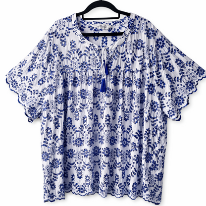 ✨ Taking Shape Natural Contrast Broderie Top ✨ Plus Size 24 | White / Blue