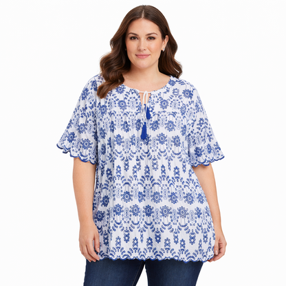 ✨ Taking Shape Natural Contrast Broderie Top ✨ Plus Size 24 | White / Blue