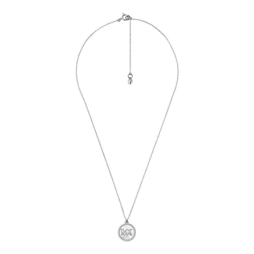 Michael Kors MK Pavé and Mother-of-Pearl Logo Pendant Necklace Gen New RRP $325
