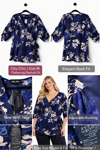 City Chic Floral Wrap Top Blue Peplum Tie Waist Plus Size 18 BNWT