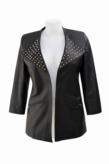 Vintage Dormeuil England Black Leather Studded Collar Jacket Women Rock Chic