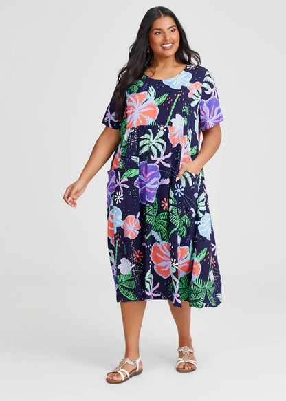 TAKING SHAPE Natural Pocket Midi Dress in Hibiscus Print Size 24 RRP$ 160