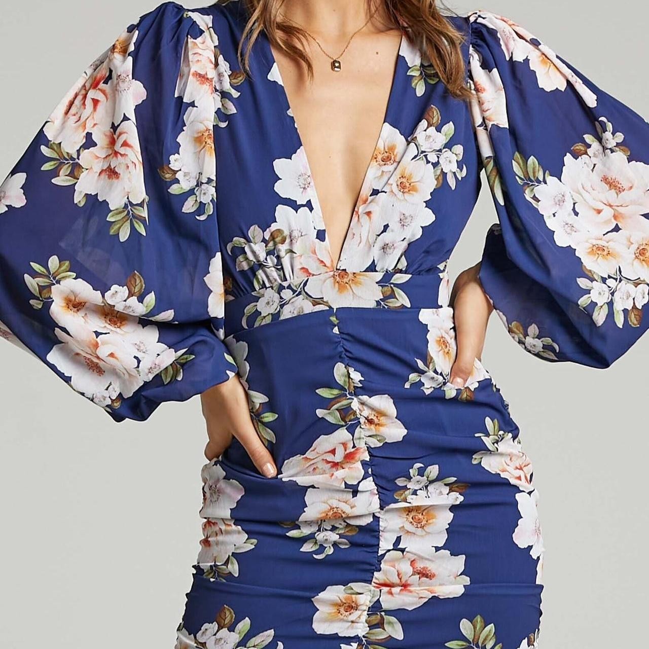 Showpo Latiana Ruched Plunge Neck Mini Dress Floral Plus Size 20 NEW RRP $120