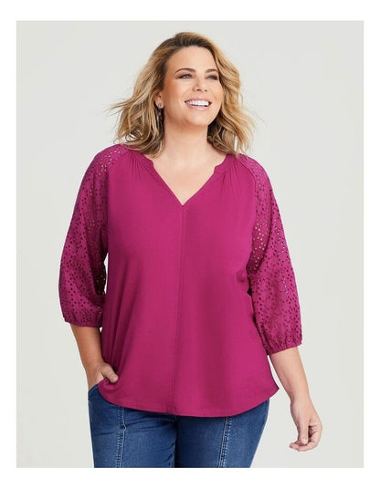 Taking Shape Cotton Broderie Notch Top Pomegranate Plus Size 14 NEW RRP $110