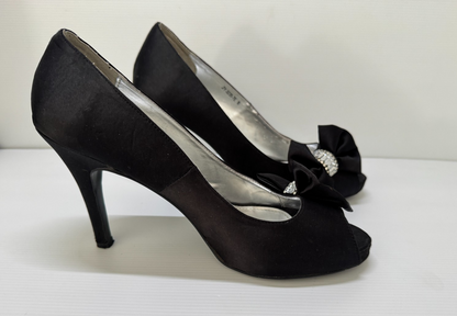 Verali  Diamante Bow Black Satin Heels Elegant Evening Shoes - Size 10