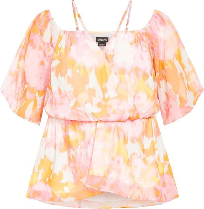 City Chic Ladies Adelina Cold Shoulder Top Sunset Plus Size 18 New RRP 100