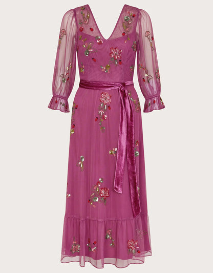 Monsoon London Sabrina Embellished Midi Dress Pink Beaded New with Tags RRP $270