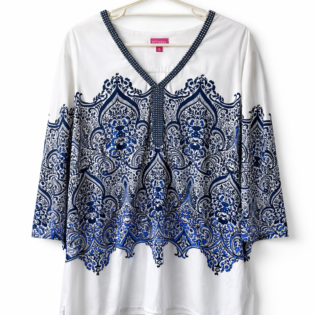 🌿 Emme Tunic Top Blouse White Blue Plus Size XL 22-24 Beaded V-Neck Lightweight