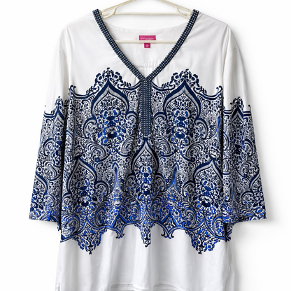 🌿 Emme Tunic Top Blouse White Blue Plus Size XL 22-24 Beaded V-Neck Lightweight