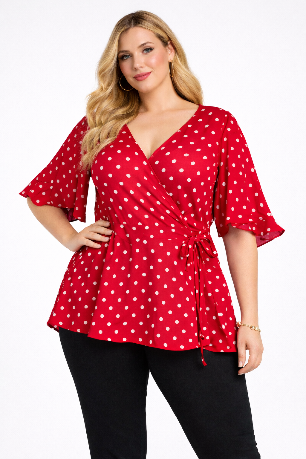 City Chic Fresh Spot Top M 18 Red Polka Dot Peplum Wrap Top Plus Size BNWT