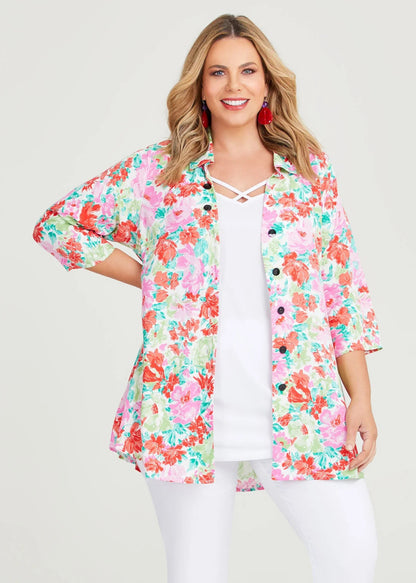 Taking Shape Spring Floral Natural Shirt in Red Floral Plus Size 12 RRP $140