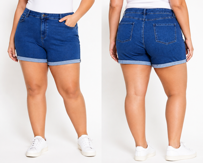 BeMe Mid Wash Denim Shorts ROLL HEM with Cuffs Size 26 NEW RRP $79.99 Stretch