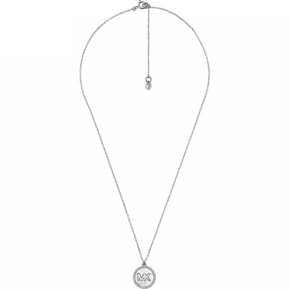 Michael Kors MK Pavé and Mother-of-Pearl Logo Pendant Necklace Gen New RRP $325