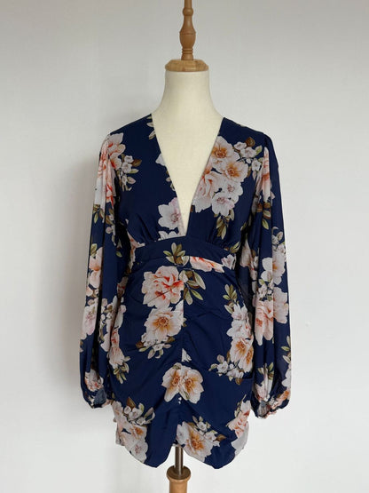 Showpo Latiana Ruched Plunge Neck Mini Dress Floral Plus Size 20 NEW RRP $120