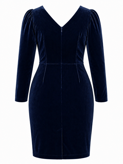 Vintage 80s Navy Blue Velvet Dress Sze 16 PRINCIPLES Scalloped Neck Basque Waist