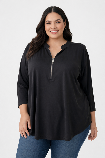 My Size Spring Fling Zip Top XL 24+26  Black 3/4 Sleeve Stretch Top New RRP $90