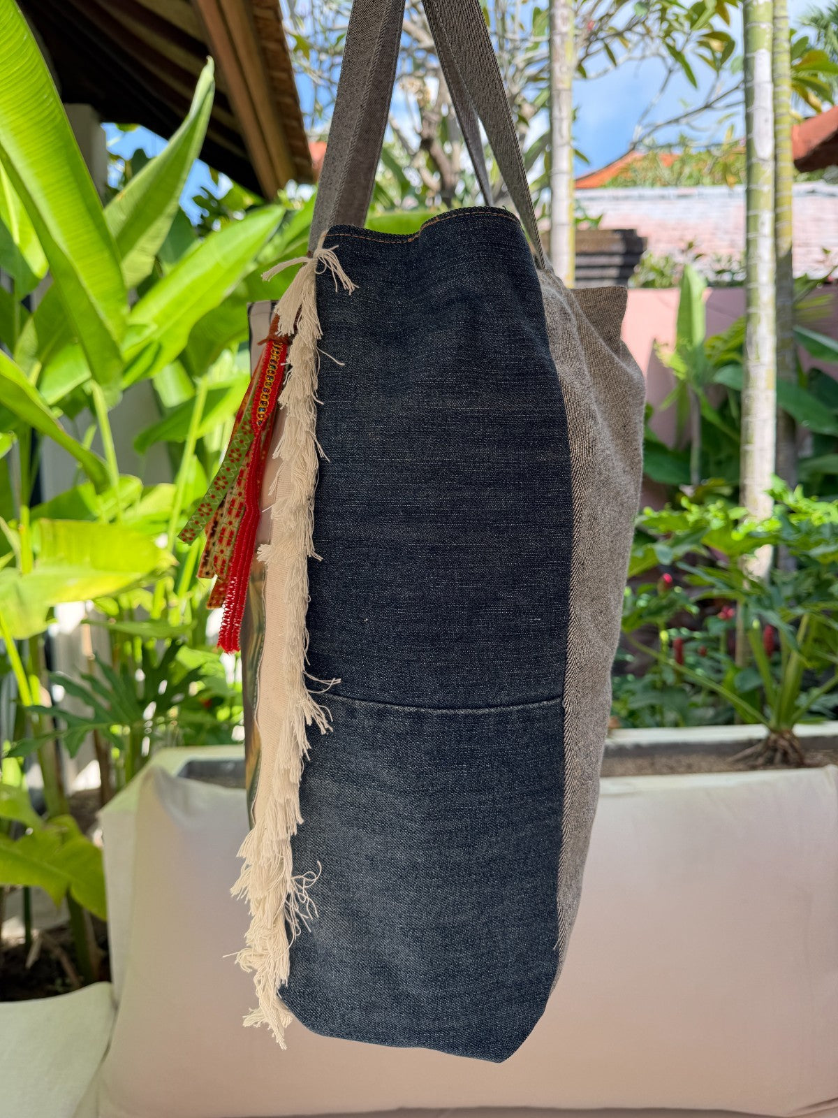 ⭐ “Vogue Paws” Fringe Tote Upcycled Denim Tote Bag – Handmade Eco-Friendly -NEW