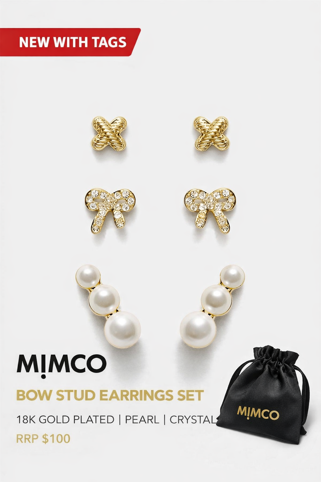 MIMCO Bow Stud Earrings Set Gold Pearl Climber Logo Studs 3 Pack RRP $99.99